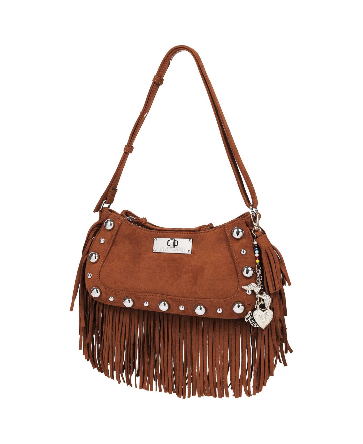 Vintage Dangle Fringe Hobo Bag with Studded Trim and Charm Accents