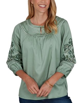 Petite Embroidered 3/4-Sleeve Voile Blouse