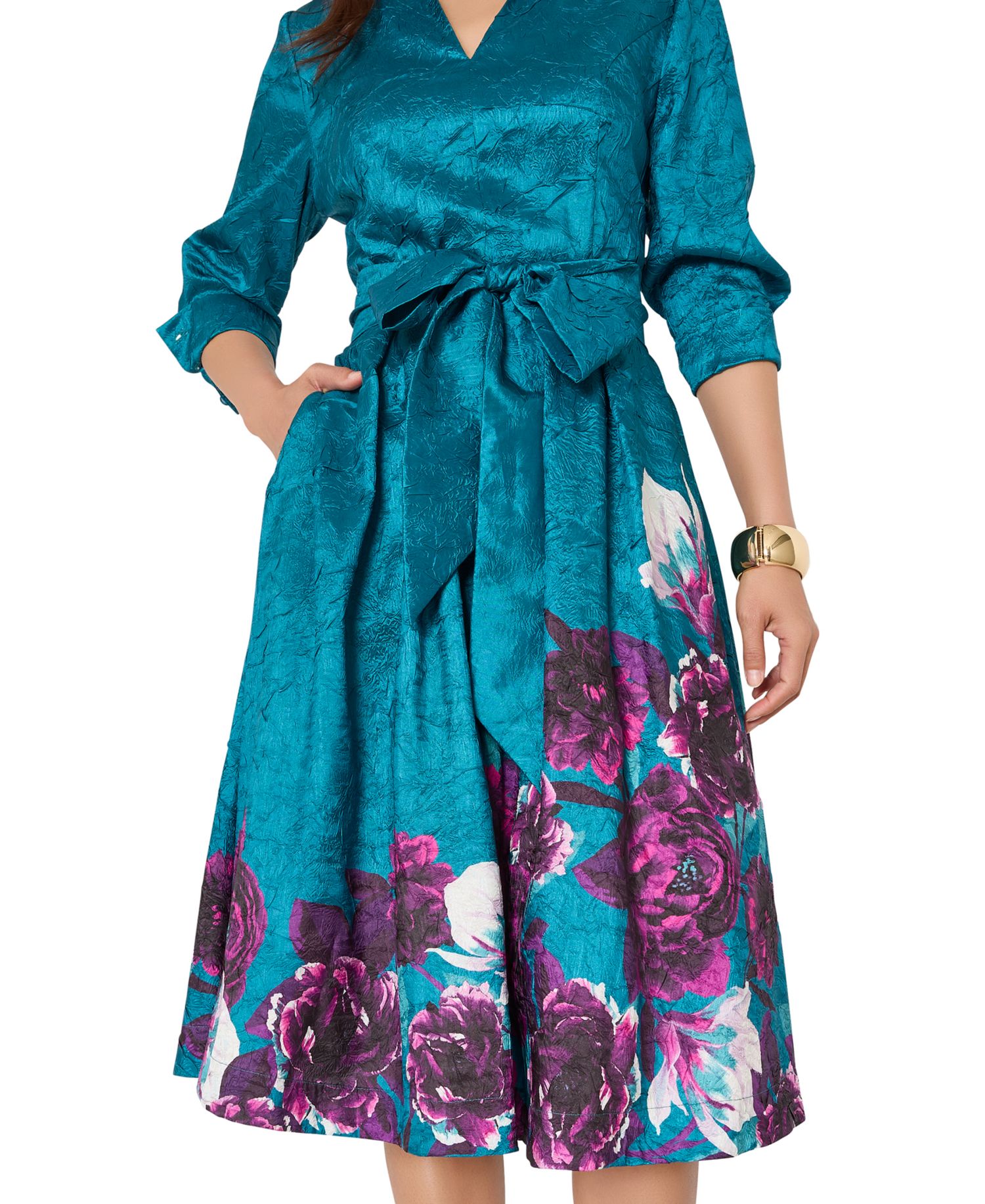 Women's Floral Metallic-Embroidery Fit & Flare Midi Dress