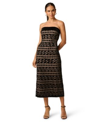 Women's Geometric Velvet Strapless Midi Dress