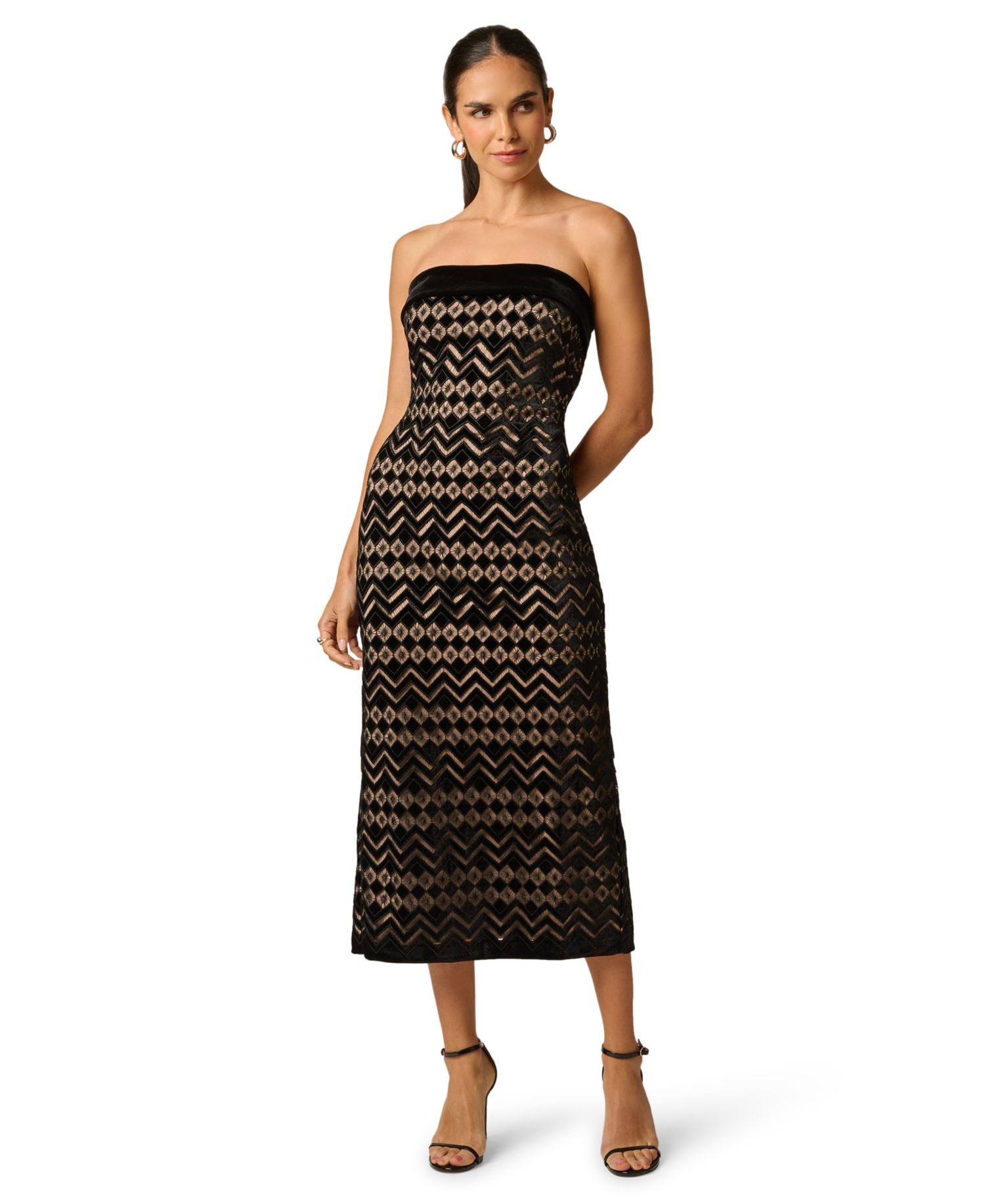 Women's Geometric Velvet Strapless Midi Dress