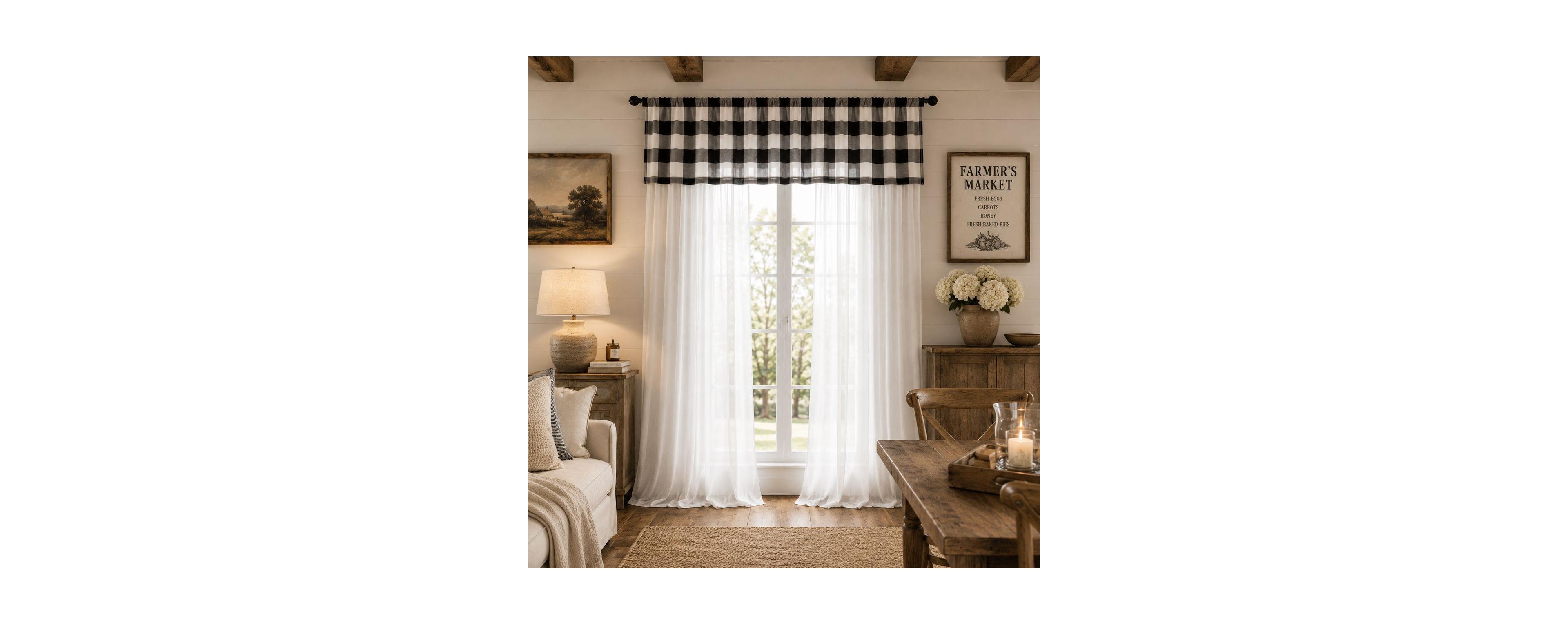 Kate Aurora 3 Piece Country Farmhouse Buffalo Plaid Sheer Curtains And Valance Set
