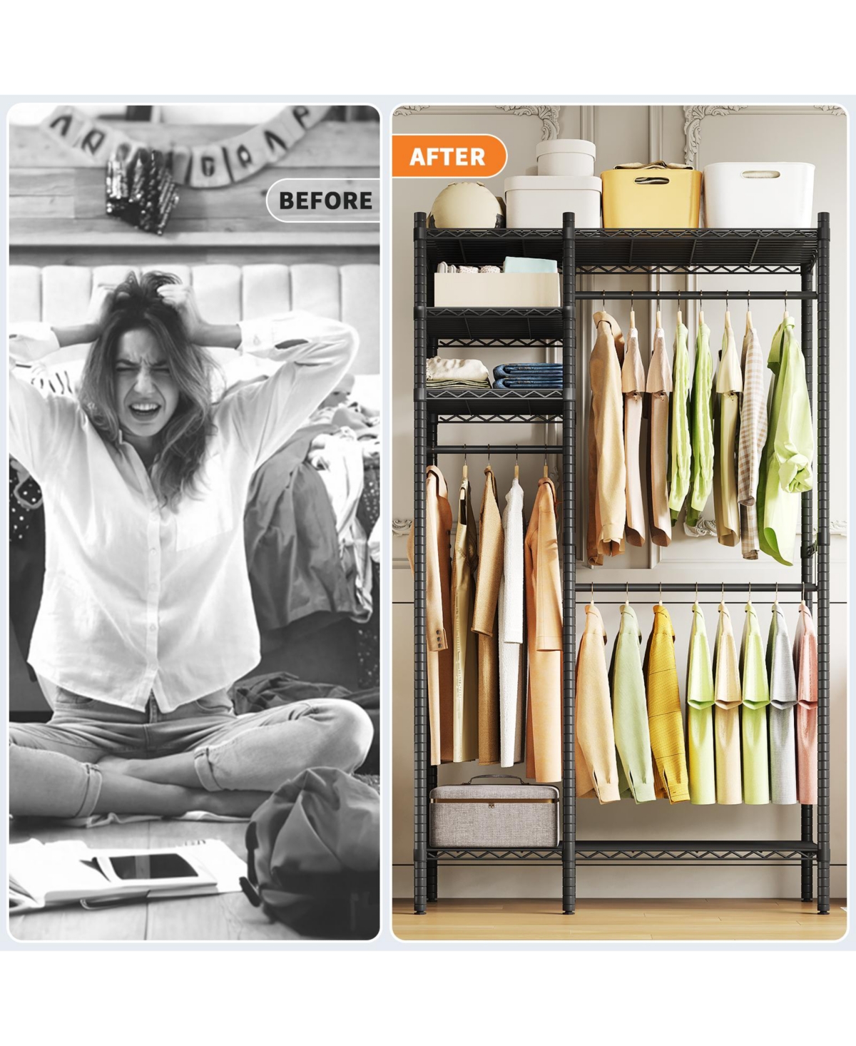 homfan Heavy Duty Metal Garment Rack – Freestanding Storage Shelf and Adjustable Shelves and Hanging Rods – 1000 lb Cap – for Closet, Wardrobe