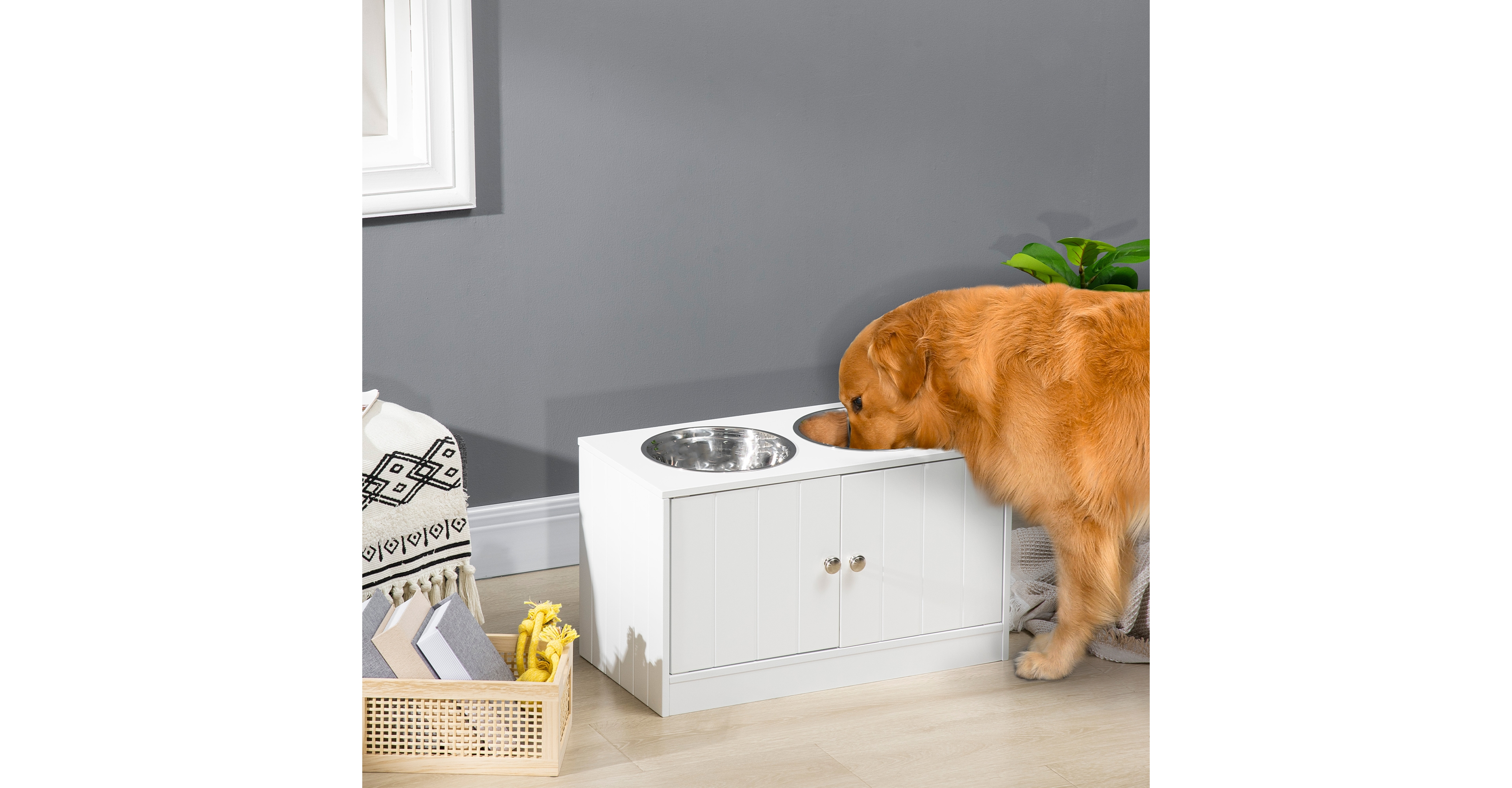Ruie Large Elevated Dog Bowls with 44L Storage Cabinet and Stainless Steel Bowls