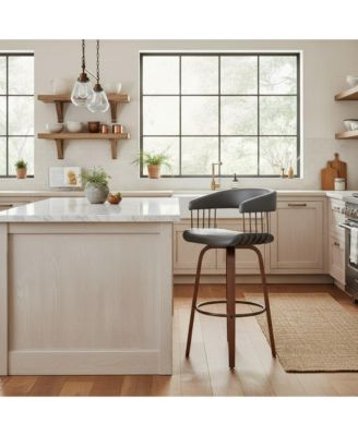 Leather Bar Stool with Metal Backrest, Modern Upholstered Counter Height Chair, Wood Leg Kitchen Island Stool