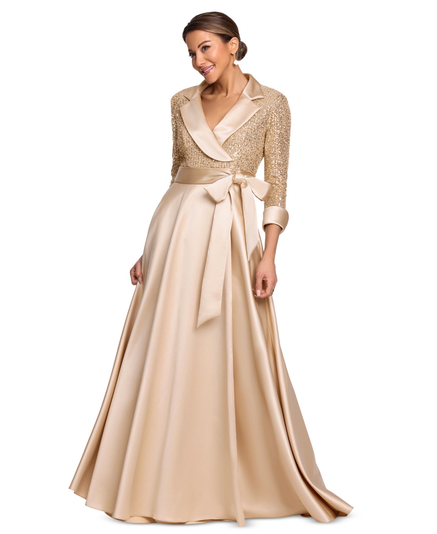 Женские платья XSCAPE Sequined Tuxedo Belted Ball Gown, цвет: Золотой — фото 2