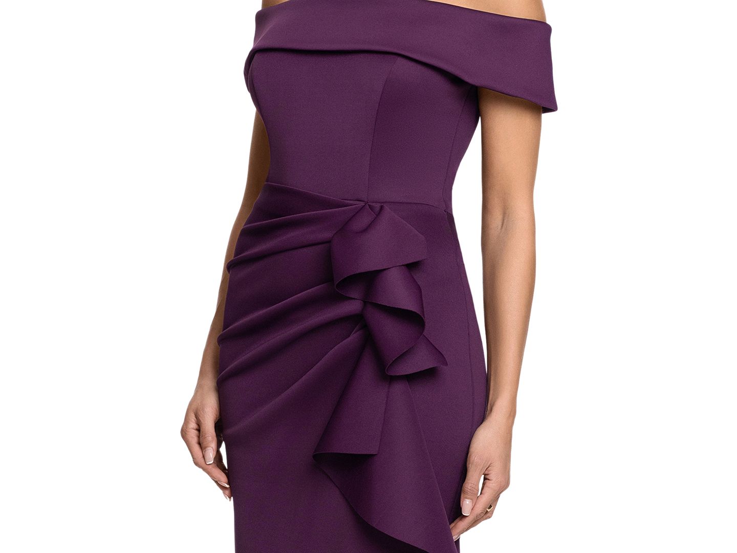 Женские платья XSCAPE Off-the-Shoulder Scuba Side-Ruffle Gown, цвет: Сливовый — фото 3