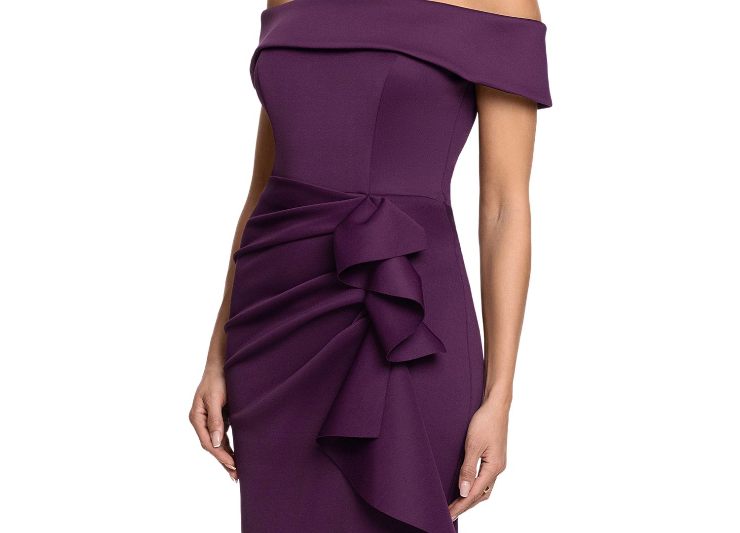 Women's Off-the-Shoulder Scuba Side-Ruffle Gown