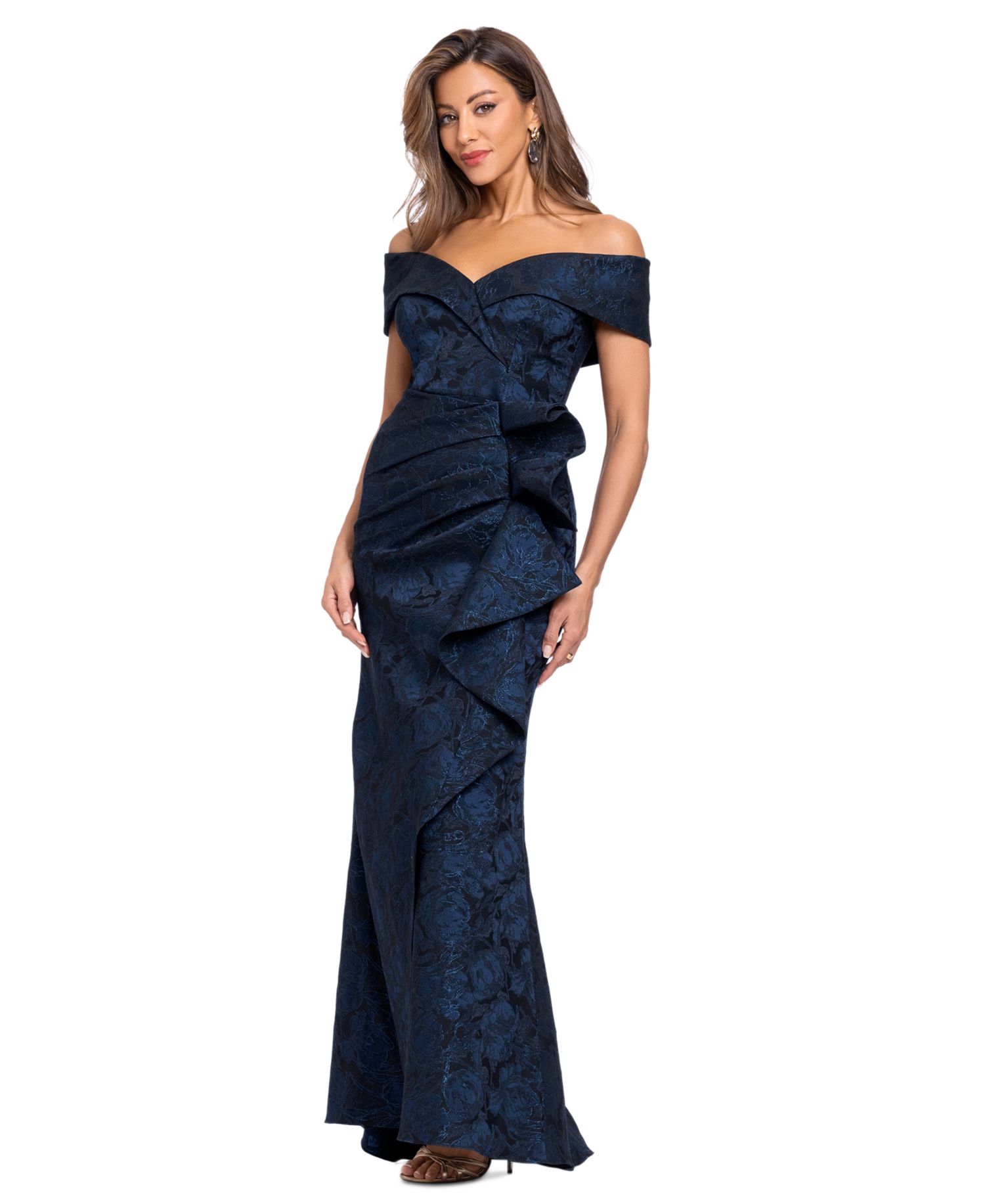 Women's Off-the-Shoulder Brocade Ruffle Gown