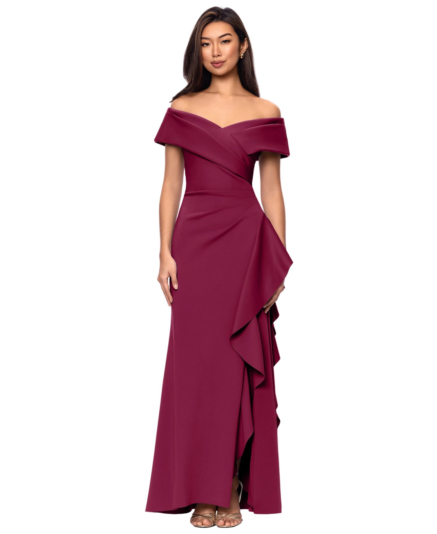 Petite Sweetheart Neck Side Ruffle Off-The-Shoulder Long Dress