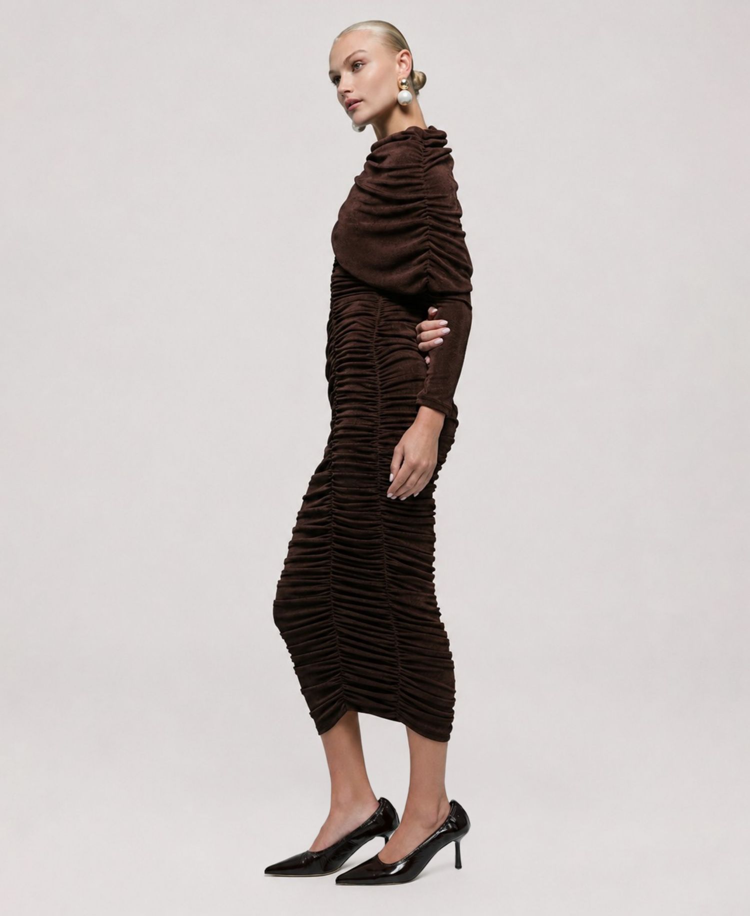 Women's Melina Wedding Guest Long-Sleeve Shawl Collar Midi Dress