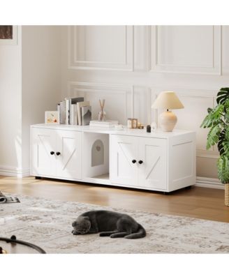 Dual Cat Litter Box Cabinet – Modern Hidden Double Enclosure with TV Stand and Storage Shelf, Easy-Clean Corridor Design for Multiple Cats