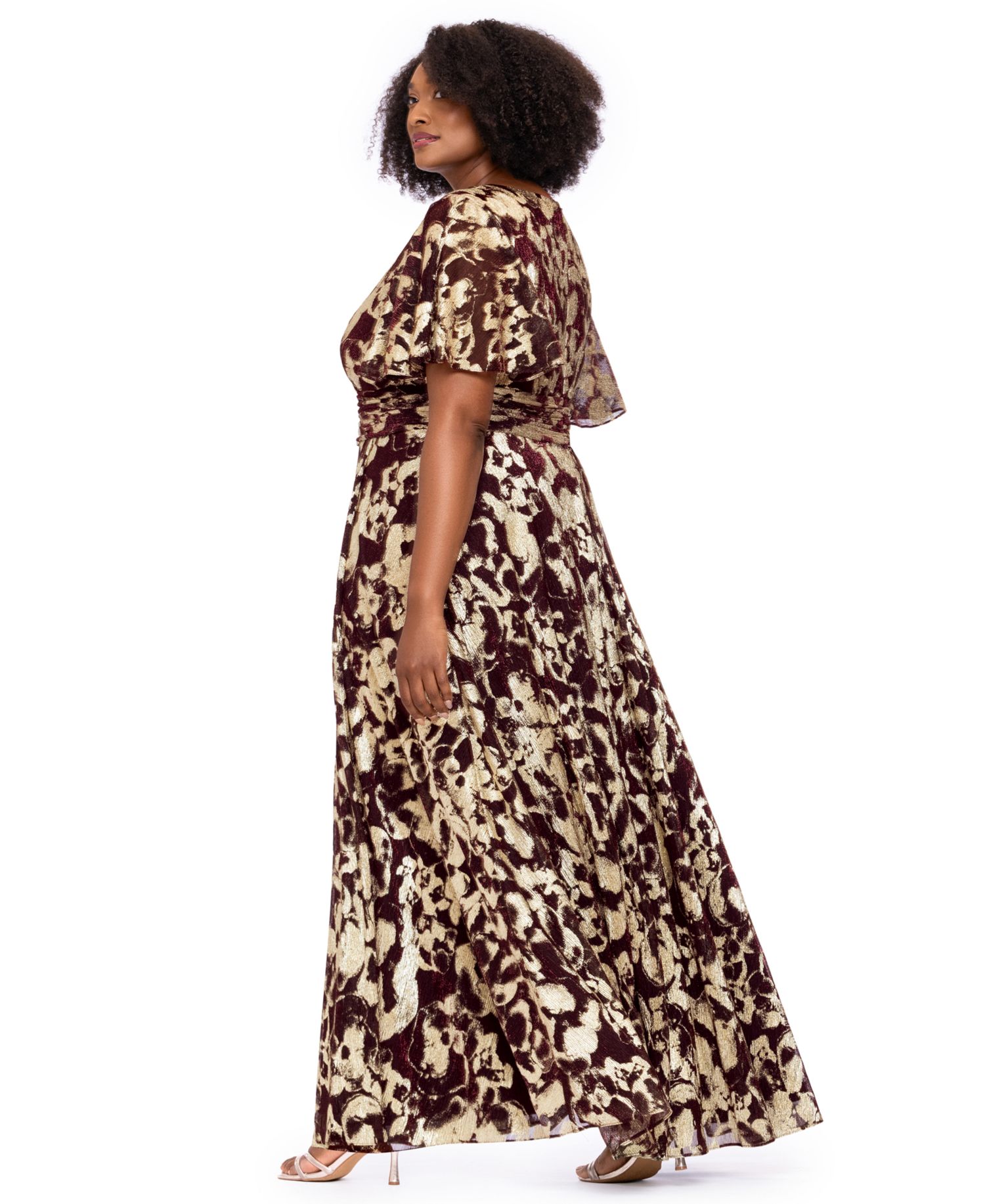 Plus Size Metallic Foil V-Neck Short-Sleeve Gown