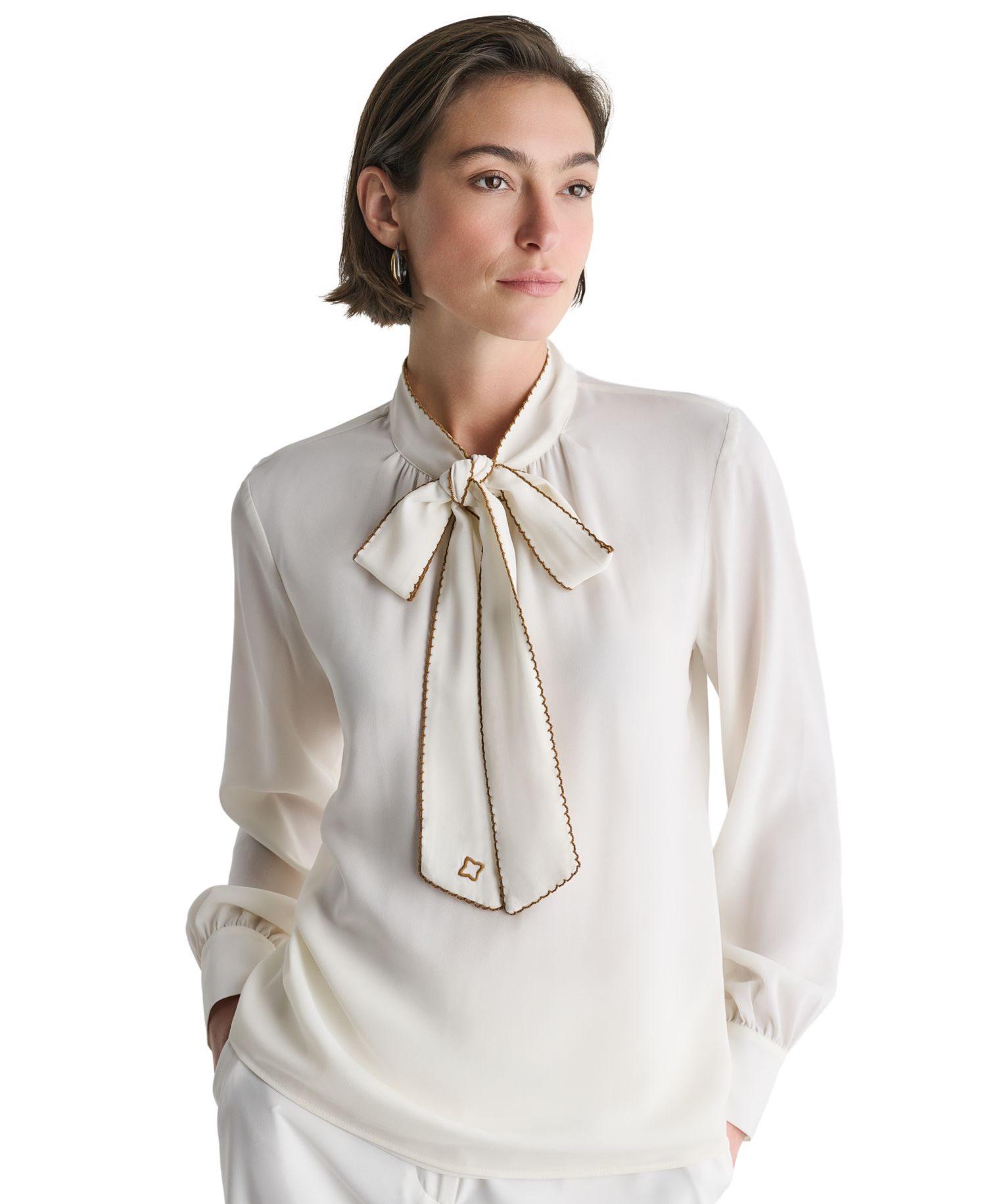 Women's Tie-Neck Embroidered Back-Keyhole Blouse