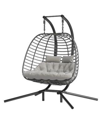 Double Hanging Egg Chair with Stand, Cushioned Patio Swing Loveseat, Indoor Outdoor Use