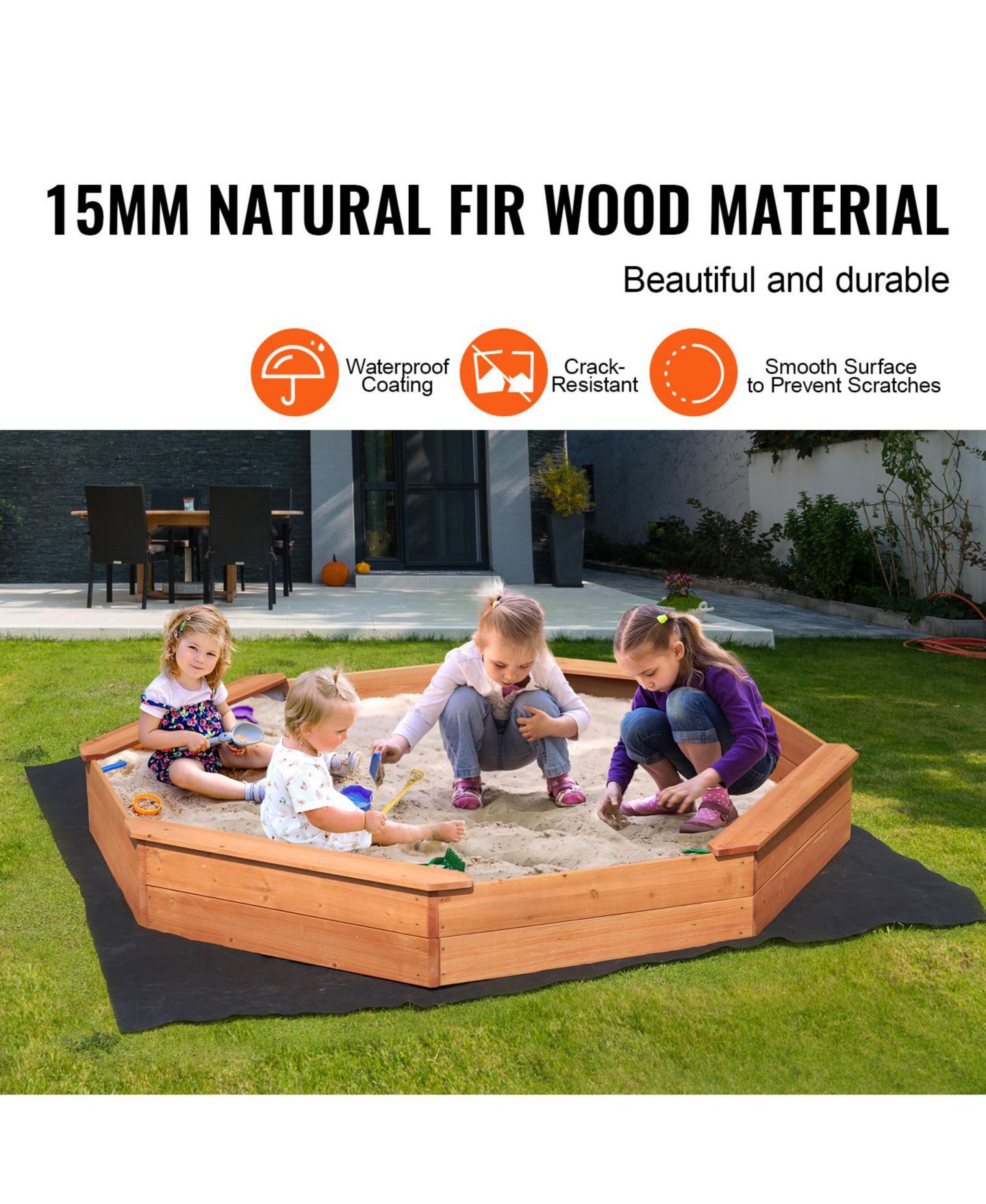 Детская игрушка VEVOR Octagonal Sandbox With Cover, 75.6" x 75.6", Accommodates 4-6 Children, Ages 7+ — фото 3