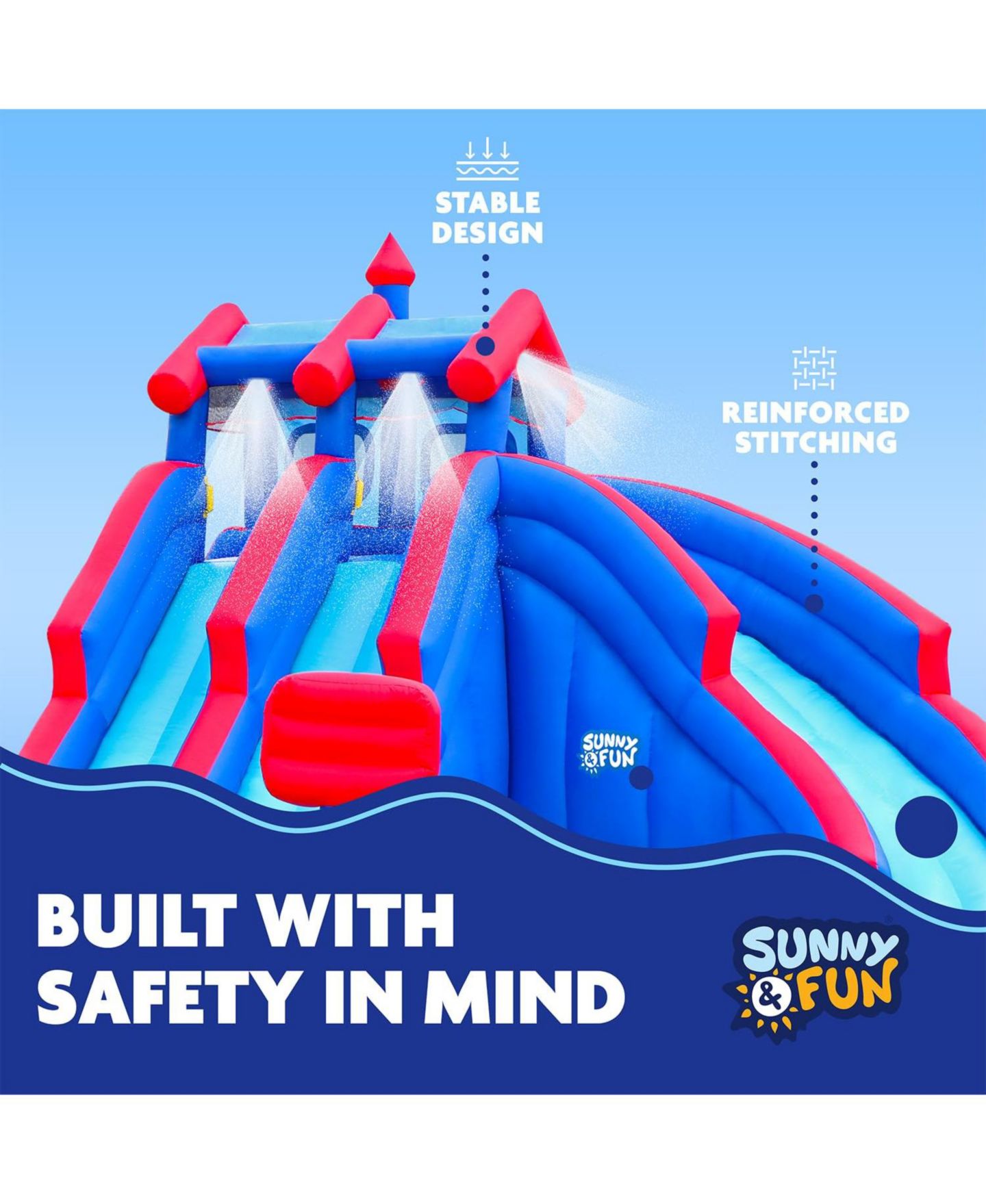 Детская игрушка Sunny & Fun Inflatable Water Slide & Pool, 18.1'L x 15.8'W x 10'H, Nylon, Plays Up to 3 Children, Ages 3-10, цвет: Синий — фото 6