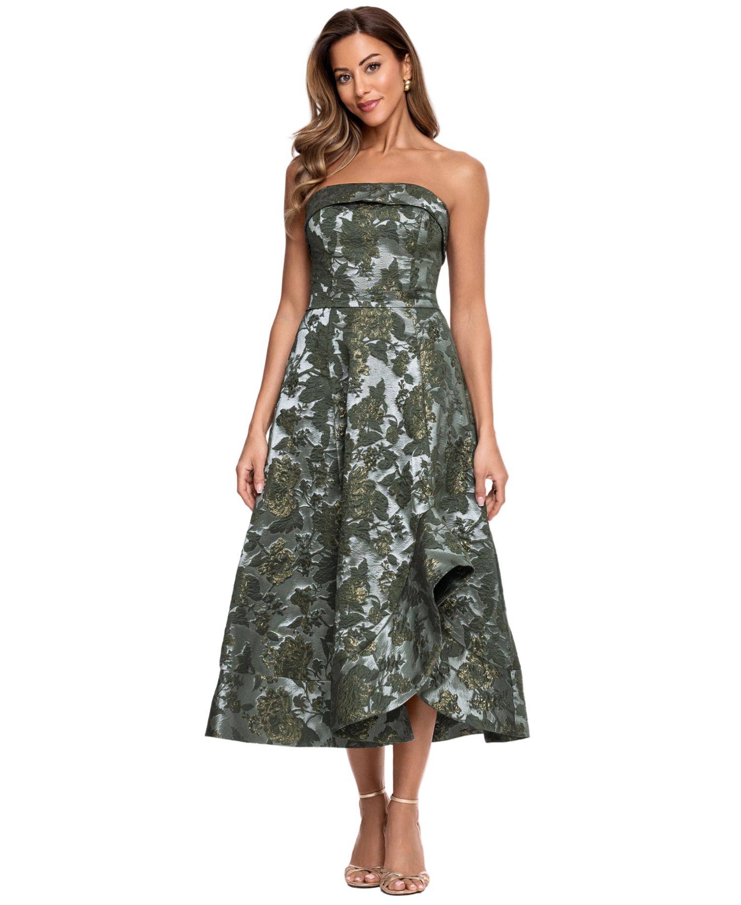 Petite Strapless Brocade Asymmetrical Hem Midi Dress