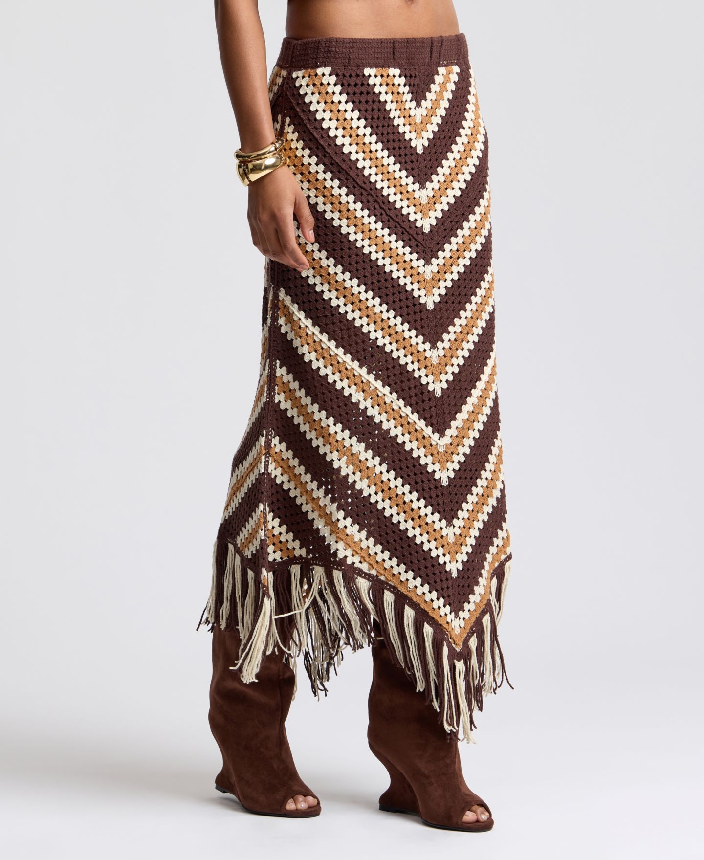 Женская юбка Avec Les Filles Striped-Crochet Midi Skirt with Fringe, цвет: Коричневый — фото 5