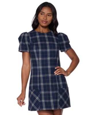 Juniors' Plaid Puff-Sleeve Mini Dress