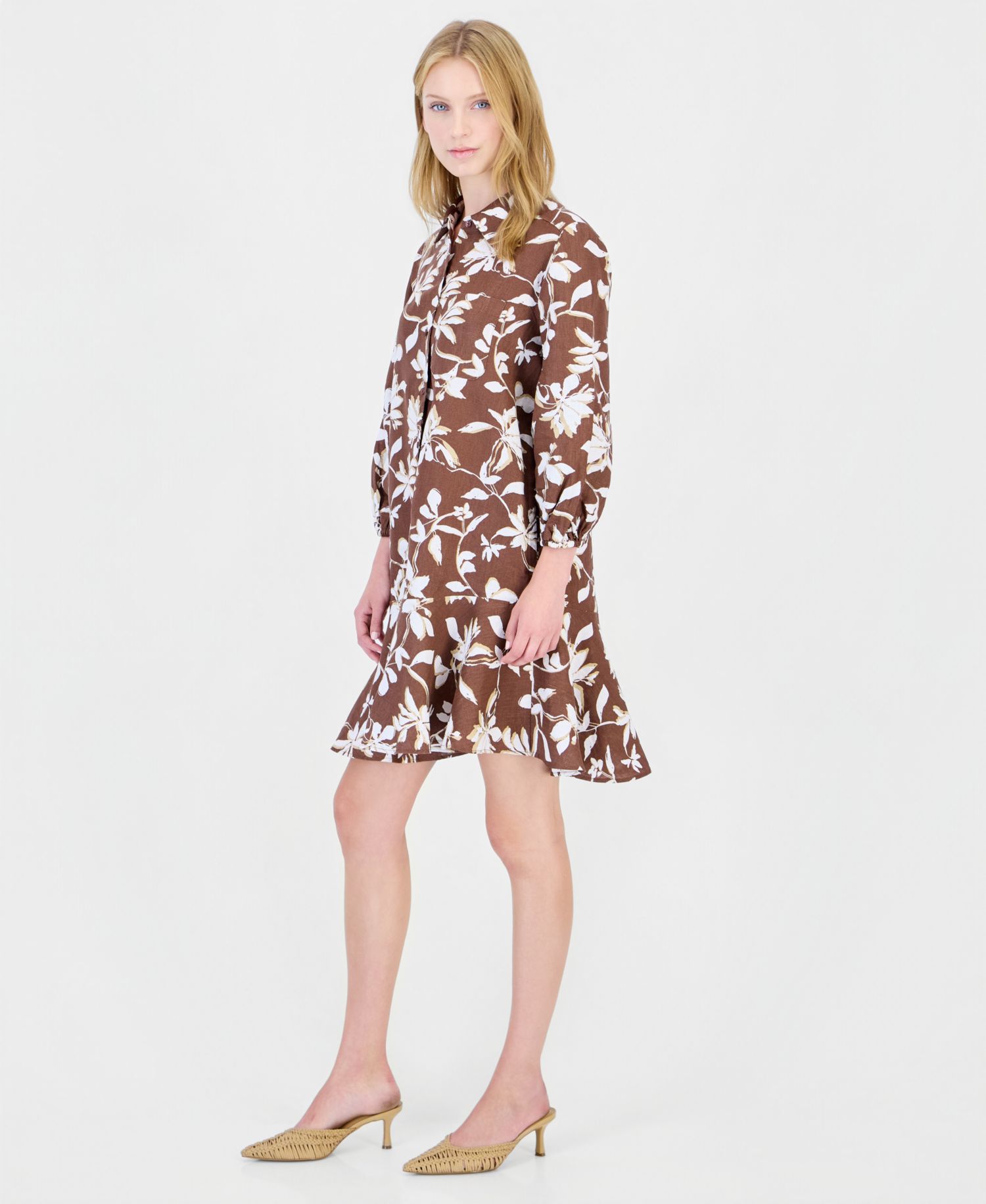 Plus Size 100% Linen Collared Flounce Dress