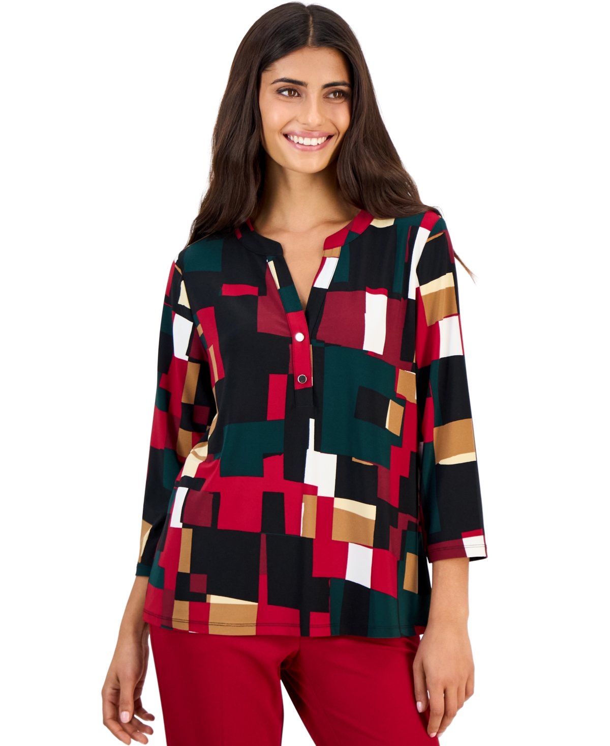 Anne Klein Essentials Women's Henley 3/4-Sleeve Split-Neck Top