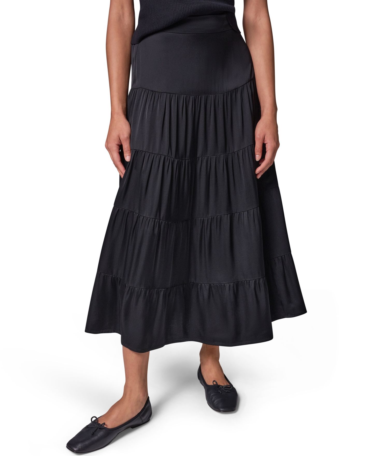 Женская юбка Donna Karan Weekend Satin Midi Tiered, цвет: Чёрный — фото 1