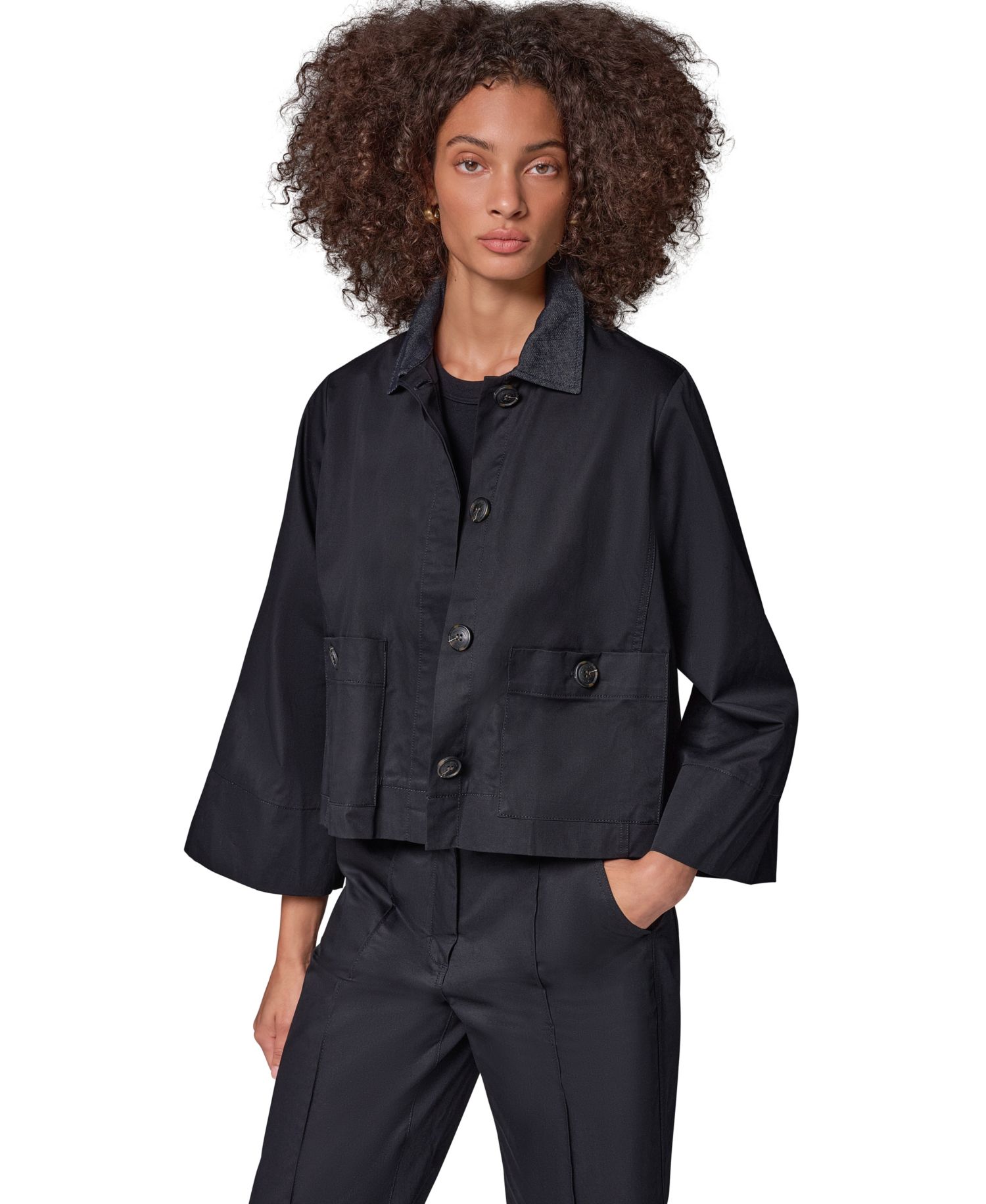 Women's Bell-Sleeve Trapeze Jacket with Denim Collar