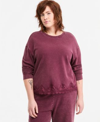 Plus Size Lounge Lace-Trim Long-Sleeve Pullover Sweatshirt