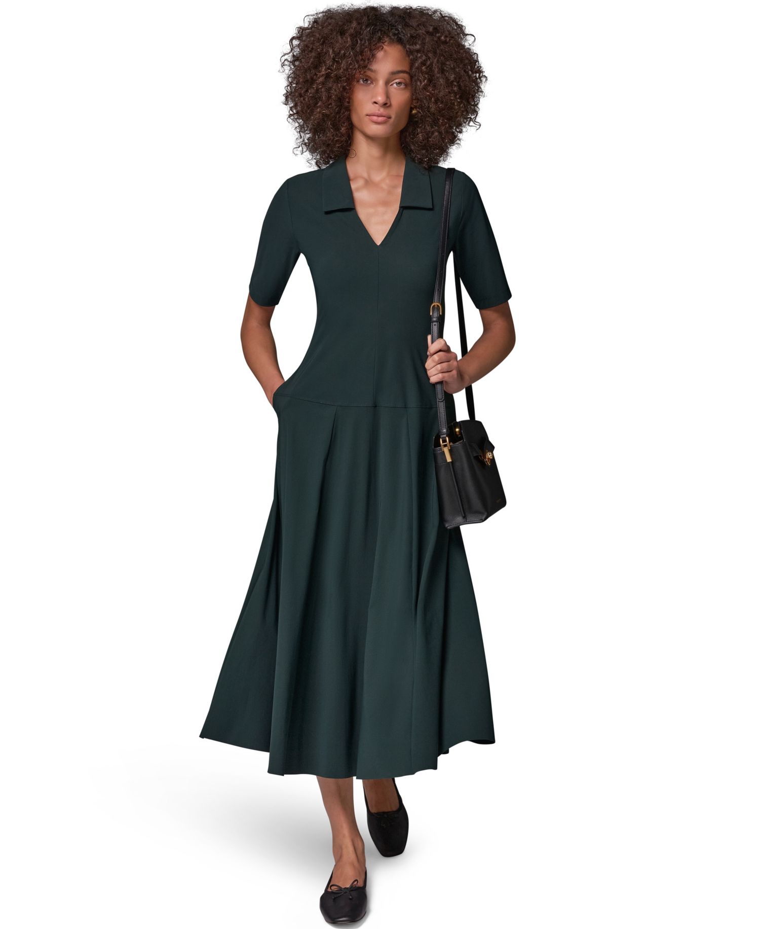 Women's V-Neck A-Line Midi Dress with Pockets