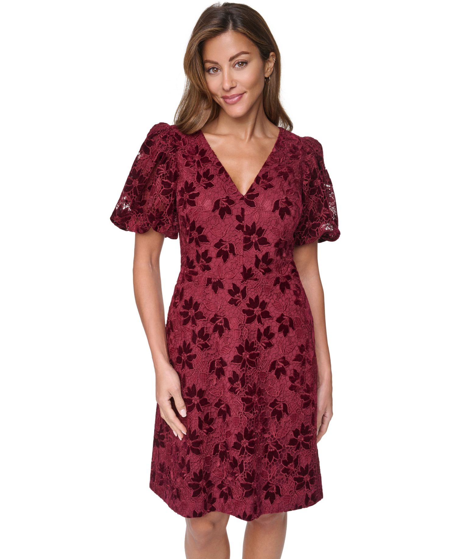 Women's V-Neck Puff Sleeve A-Line Dress