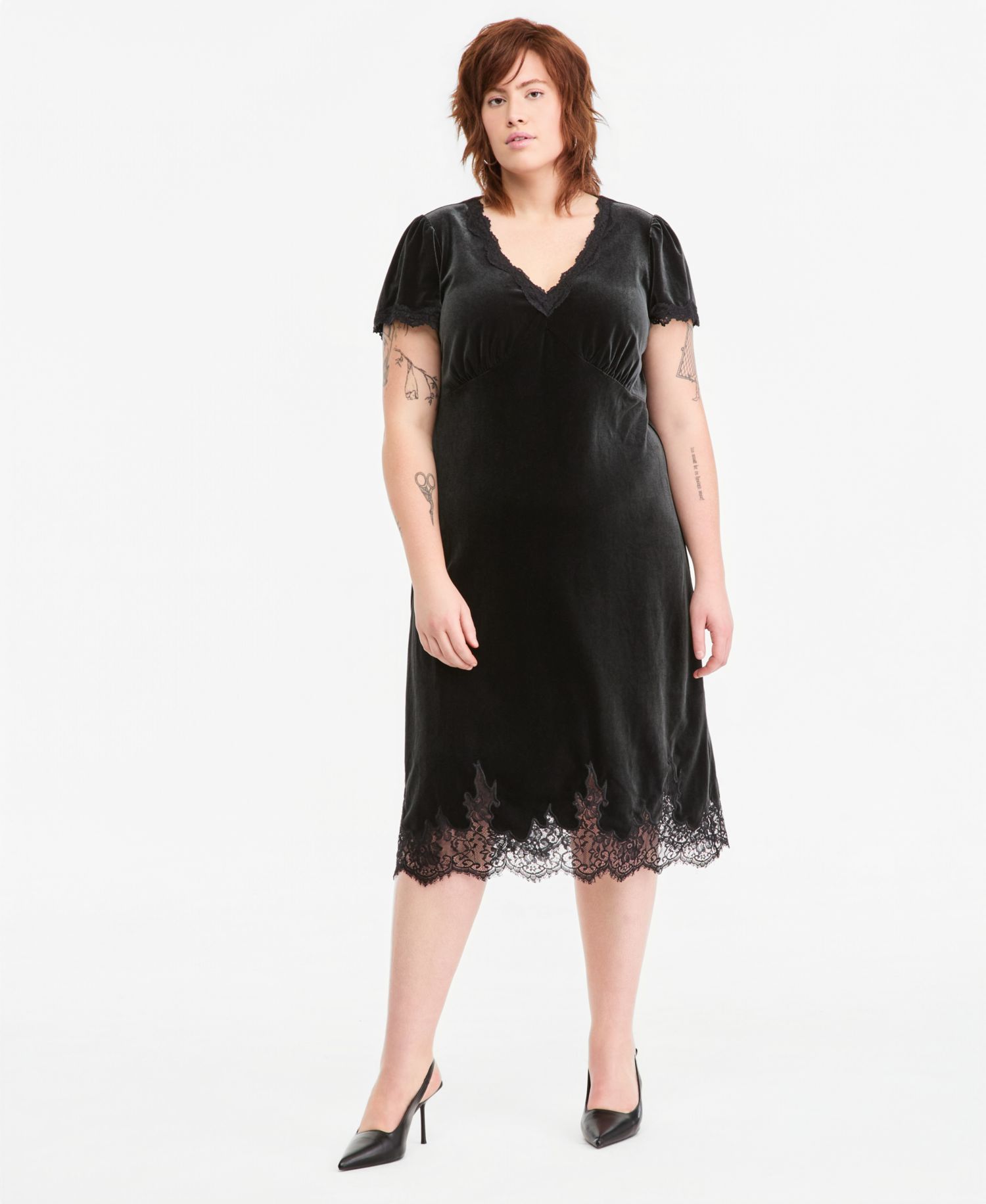 Plus Size V-Neck Short-Sleeve Lace-Trim Midi Slip Dress