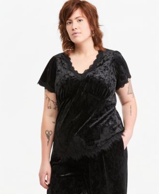 Plus Size Velvet Lace-Trim V-Neck Blouse