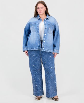Plus Size Embellished Long-Sleeve Denim Shirt