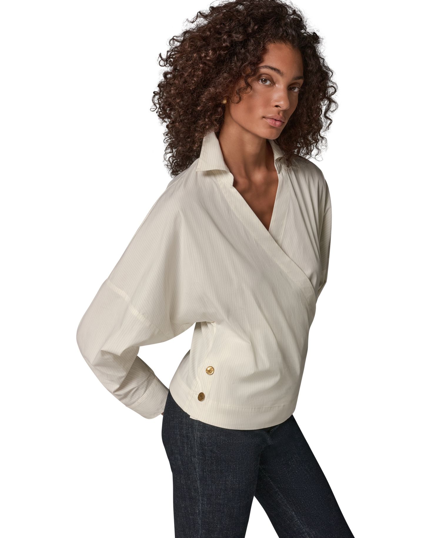 Women's Pinstripe Long-Sleeve Collared V-Neck Blouse