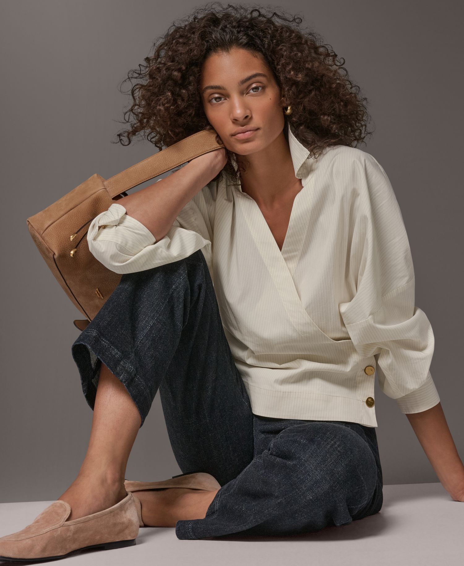Women's Pinstripe Long-Sleeve Collared V-Neck Blouse