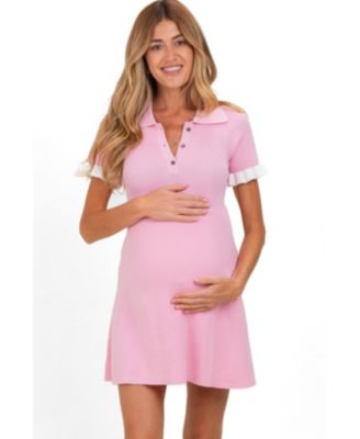 Women's Pink Knit Ruffle Sleeve Mini Polo Dress