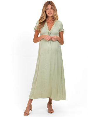 Maternity Satin Lace Detail V-Neck Short-Sleeve Maxi Dress