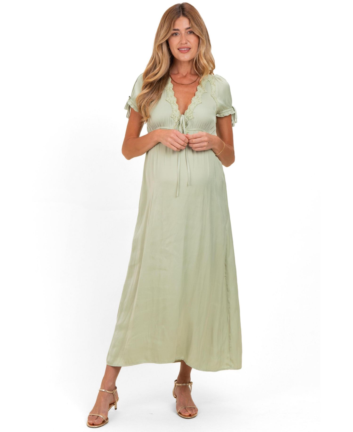 Maternity Satin Lace Detail V-Neck Short-Sleeve Maxi Dress