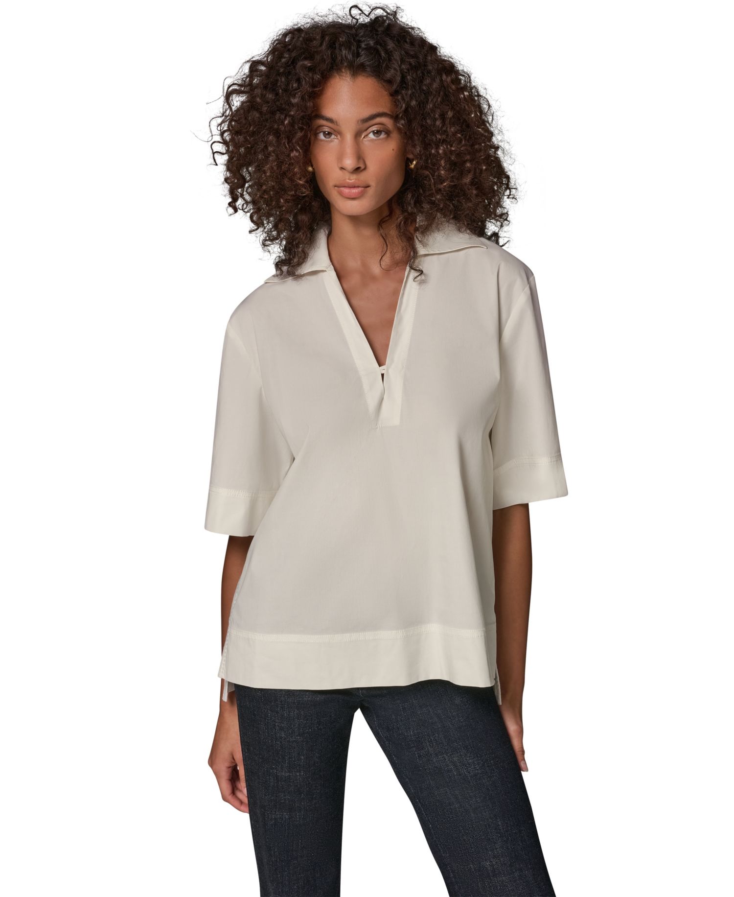 Women's Poplin Short-Sleeve V-Neck Collared Blouse