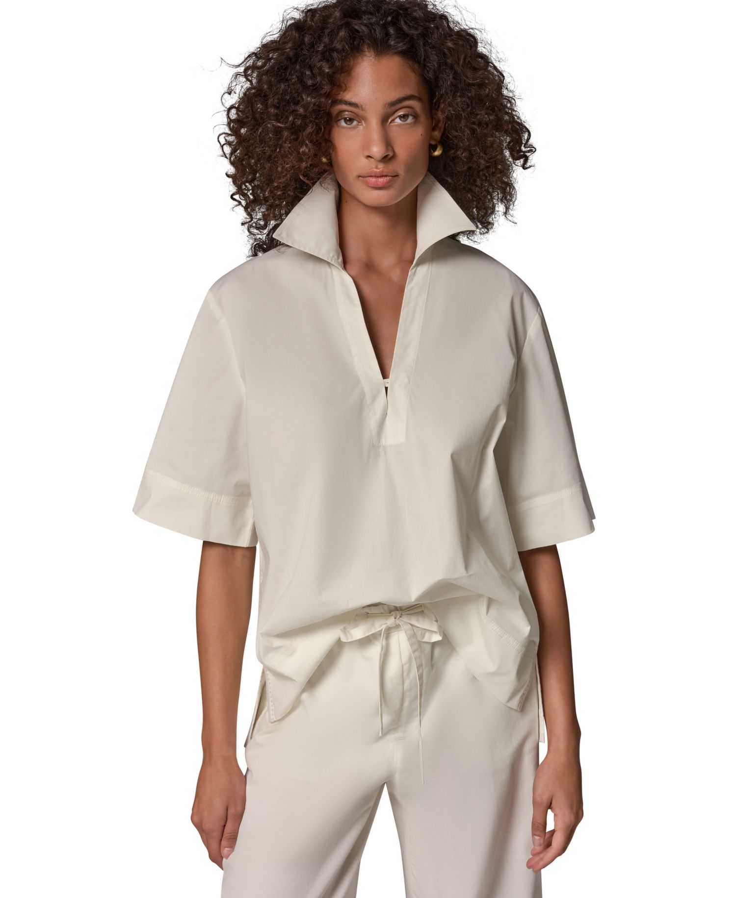 Women's Poplin Short-Sleeve V-Neck Collared Blouse