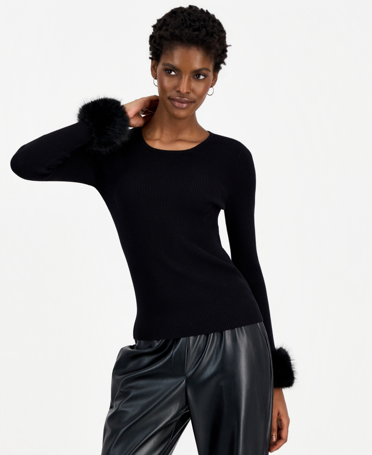 Elie Tahari Women's Savannah Crewneck Long-Sleeve Faux-Fur Cuff Sweater
