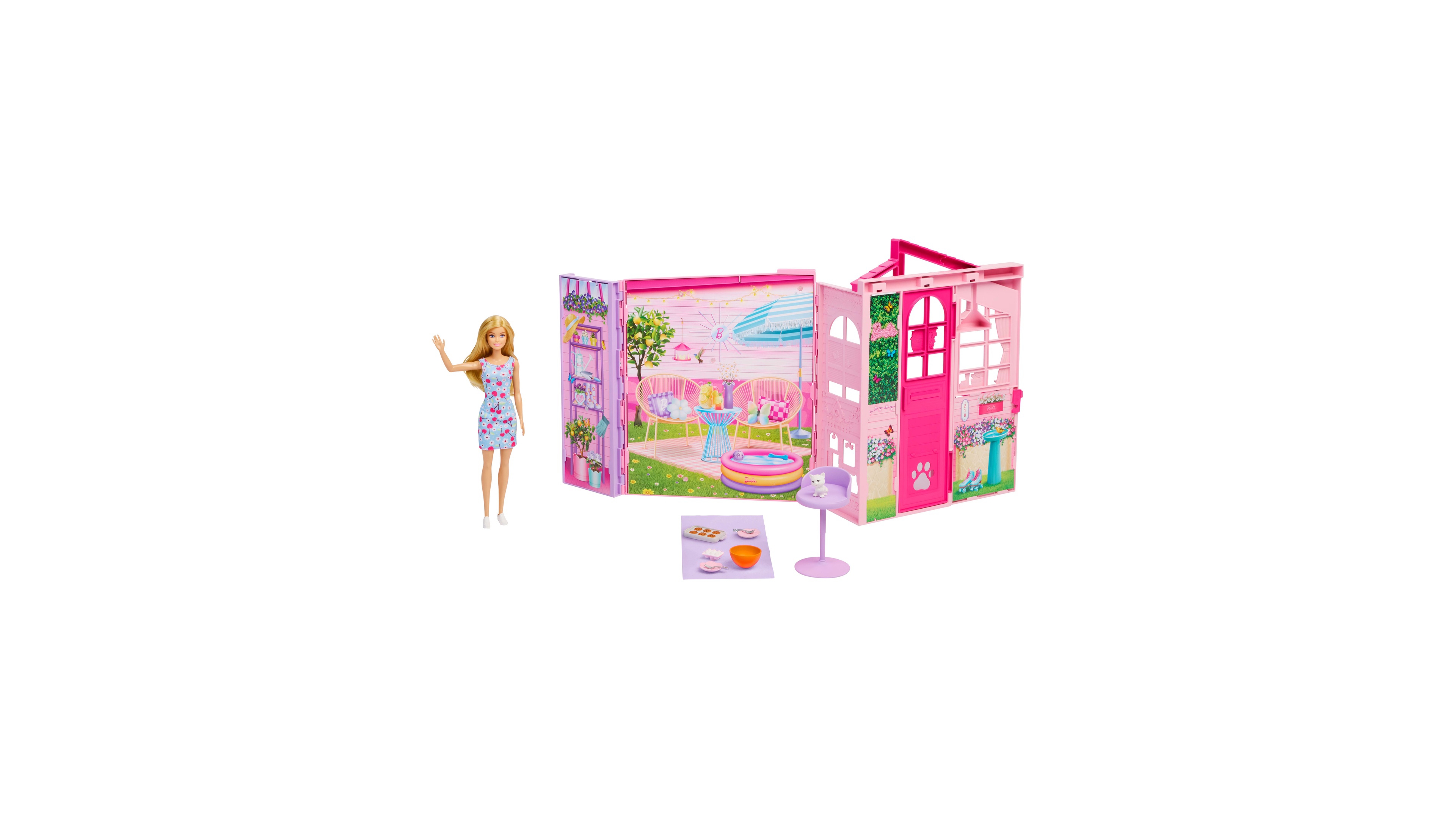 Barbie Weekend Escape Foldable Dollhouse with 4 Play Areas, Barbie Doll & 10 Accessories, Ages 3+