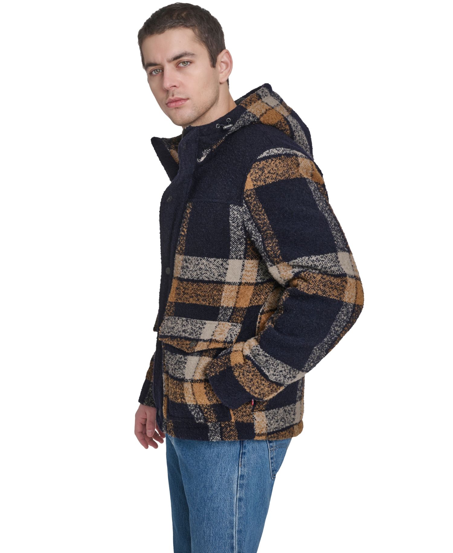 Men's Wool Blend Plaid Hooded Jacket