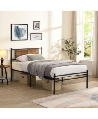 Twin XL Size Metal Bed Frame with Wood Panel Headboard, Steel Structure, No Box Spring Needed, Under-Bed Storage