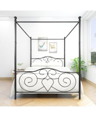 Queen Size Metal Canopy Bed Frame with Vintage Headboard and Footboard, Steel Slats, No Box Spring Needed, Under-Bed Storage