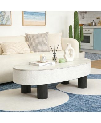 Oval Faux Marble Coffee Table with Hidden Drawer, Modern Retro End Table with Storage