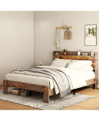 Queen Size Wood Platform Bed Frame with Storage LED Headboard, USB Ports, Wood Slats, No Box Spring Needed, Under-Bed Storage