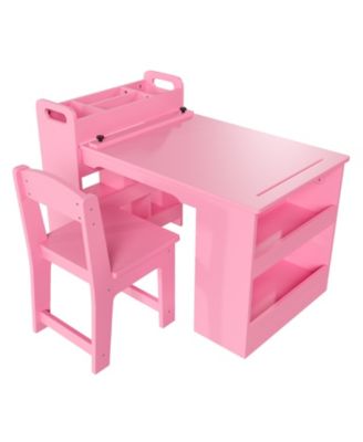 Multi Functional Kids Art Table and 2 Chairs Set, Wooden Craft Desk with Large Storage Shelves for Drawing, Learning and Activities