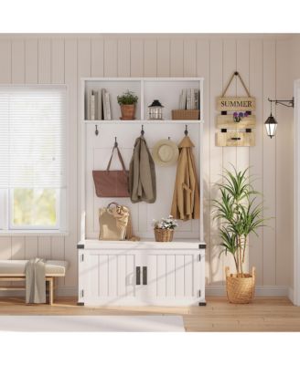 3-in-1 Hall Tree with Bench and Shoe Storage,Entryway Coat Rack with 5 Hooks - Adjustable Shelf, Metal Corner Protectors,Wood Organizer